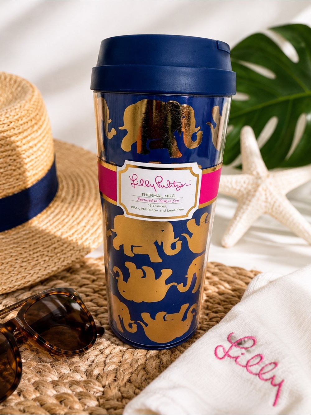 NWT Lilly Pulitzer Tusk In Sun Gold Elephant Print Thermal Travel Mug 16oz Boho